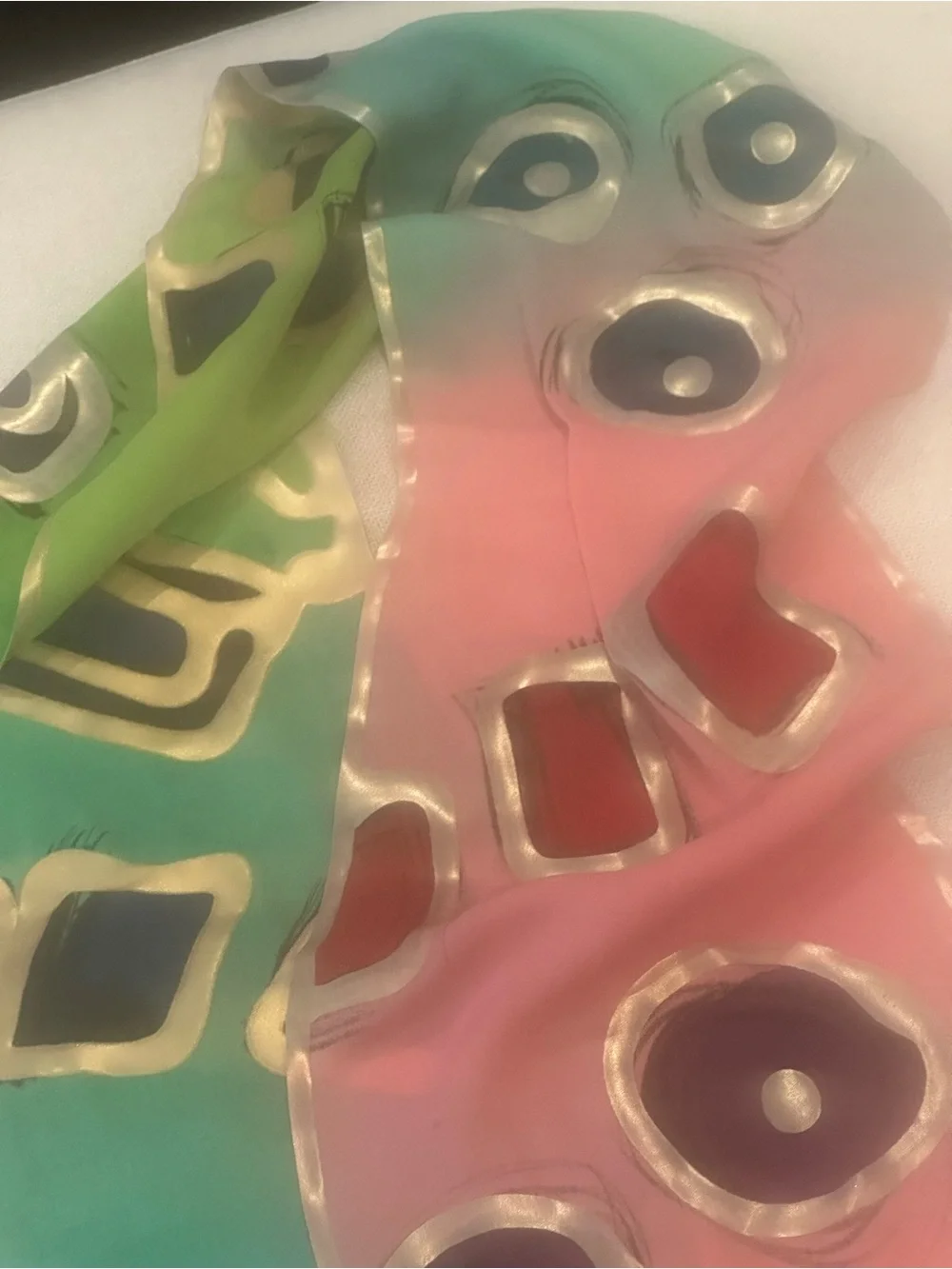 Silk Colorblock Abstract Print Scarf - Pink, Green, Purple Accents